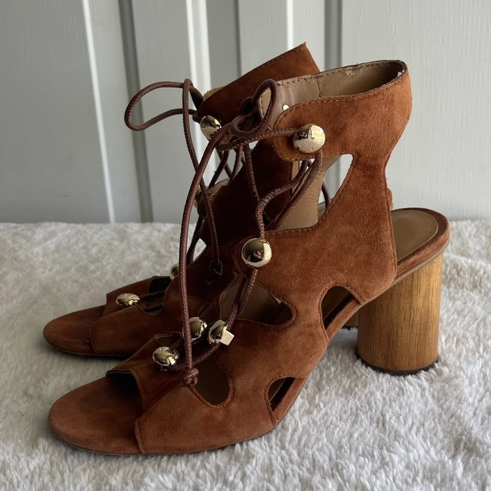 Rebecca Minkoff ADIV GHILLIE CAGE SANDAL IN ALMOND leather wooden heel lace up